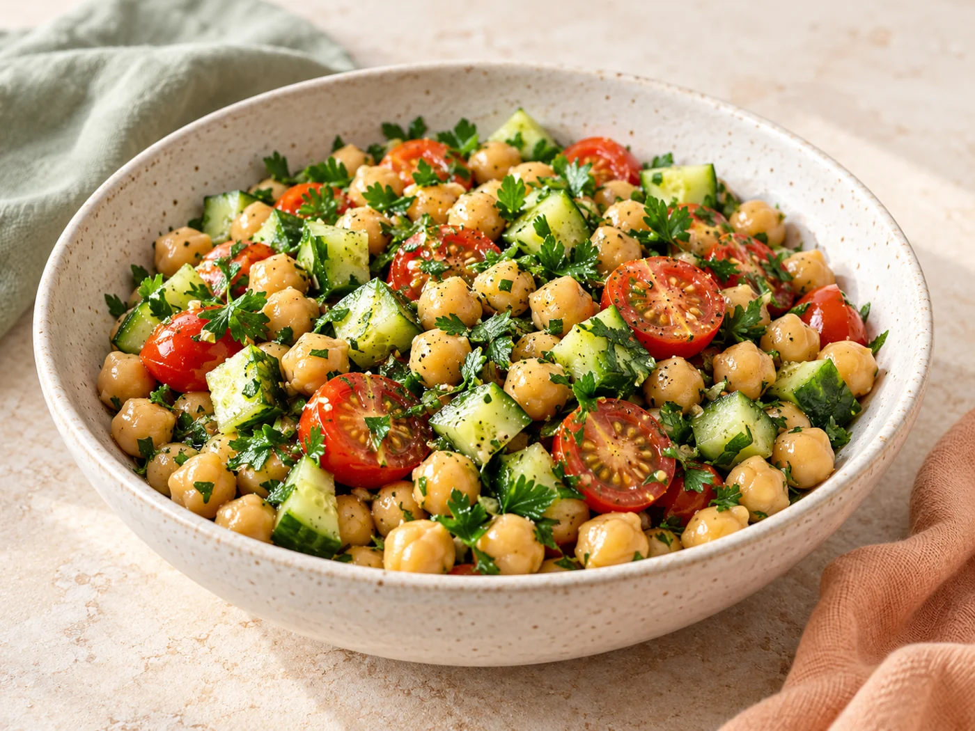 KI-Illustration: Kichererbsen-Gurken-Salat mit Zitrone
