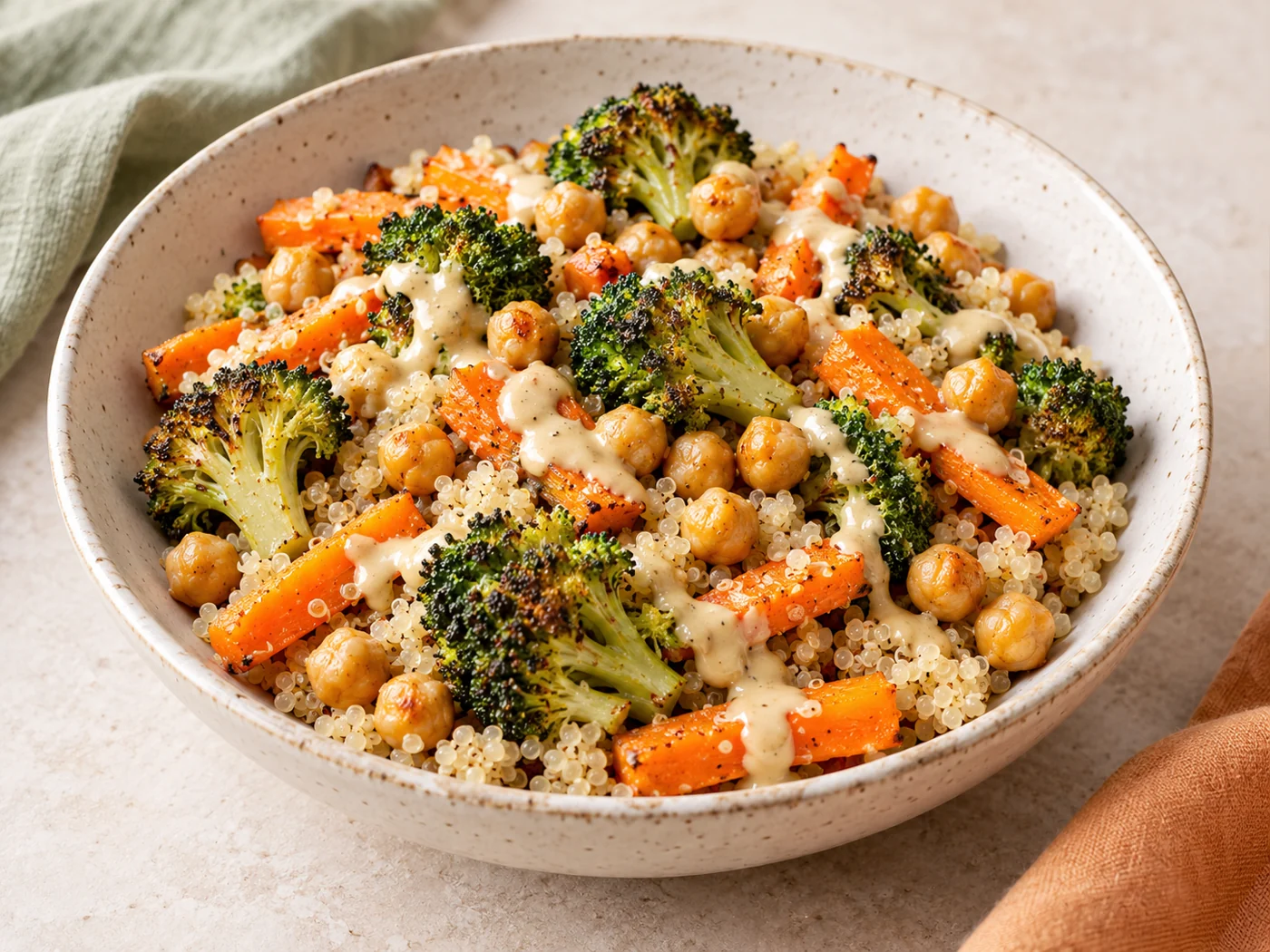 KI-Illustration: Quinoa mit Ofengemüse und Zitronen-Tahin